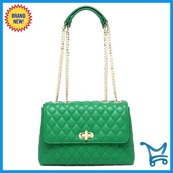 Handbags - Quilted Crossbody Shoulder Bag with Gold Hardware Chain Strap